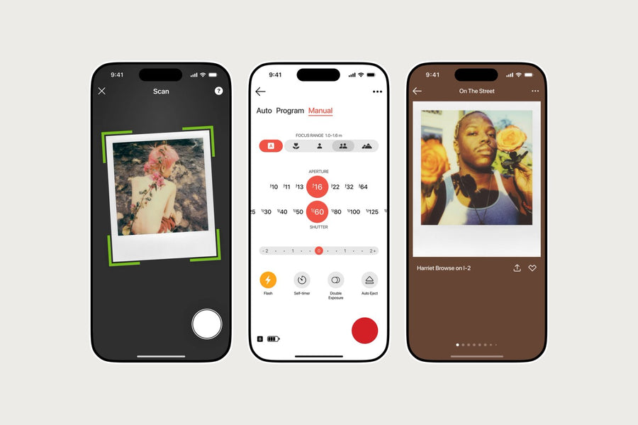 Official Polaroid App screens showing photo scanning, manual camera controls and a photo gallery